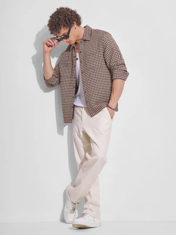 Highlander Men Brown Self Design Relaxed Fit Casual Shirt