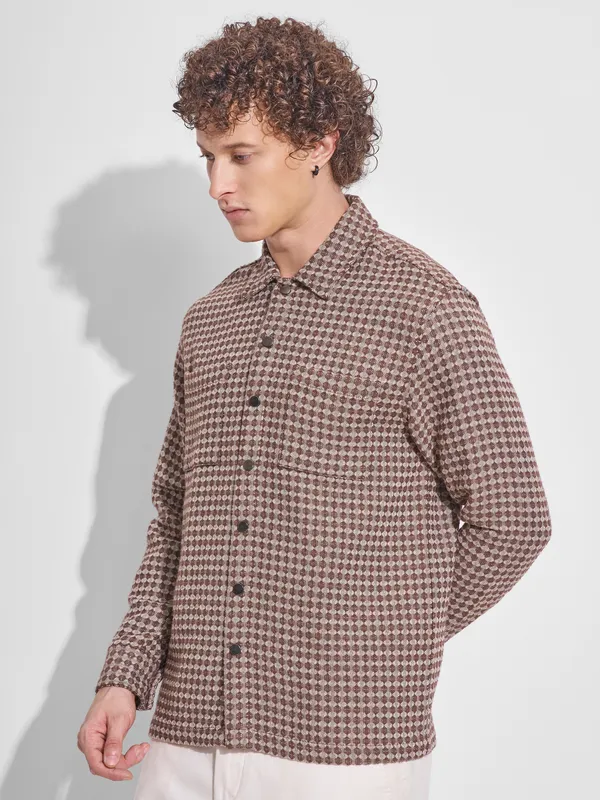 Highlander Men Brown Self Design Relaxed Fit Casual Shirt