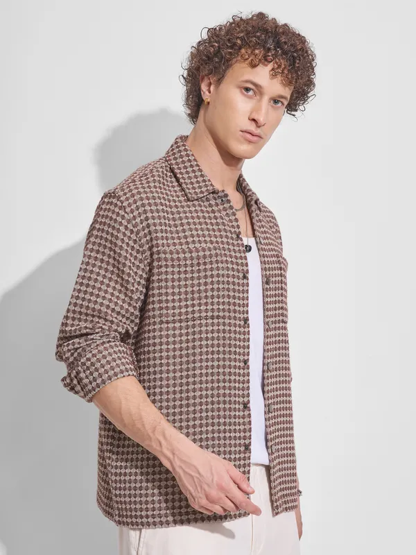 Highlander Men Brown Self Design Relaxed Fit Casual Shirt