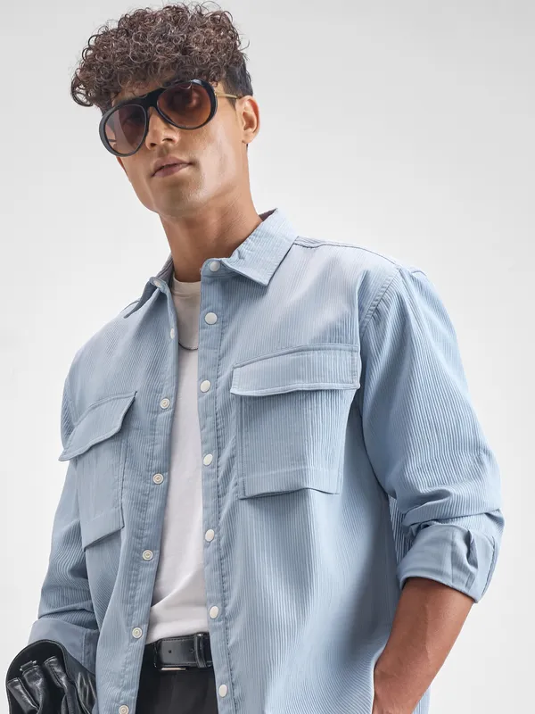 Highlander Men Blue Self Design Oversized Fit Casual Shirt