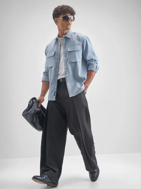 Highlander Men Blue Self Design Oversized Fit Casual Shirt