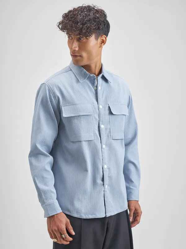 Highlander Men Blue Self Design Oversized Fit Casual Shirt