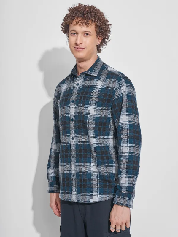 Highlander Men Teal Checked Relaxed Fit Casual Shirt