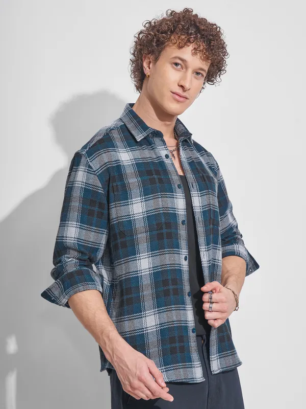 Highlander Men Teal Checked Relaxed Fit Casual Shirt