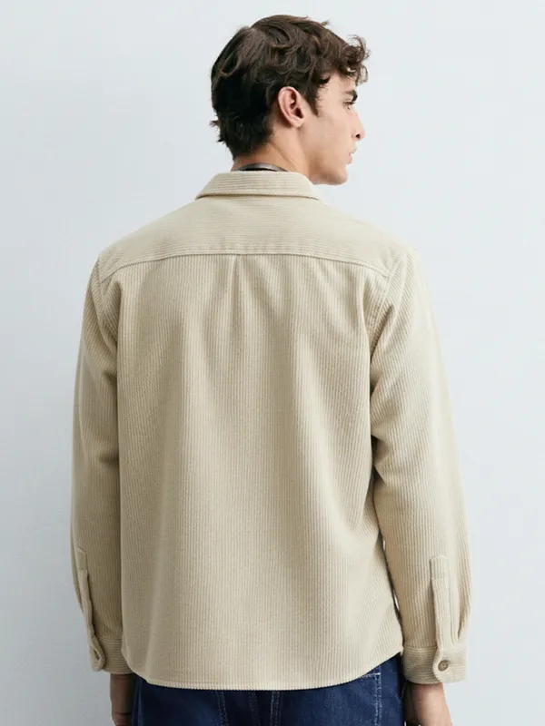 Highlander Men Cream Self Design Oversized Fit Casual Shirt