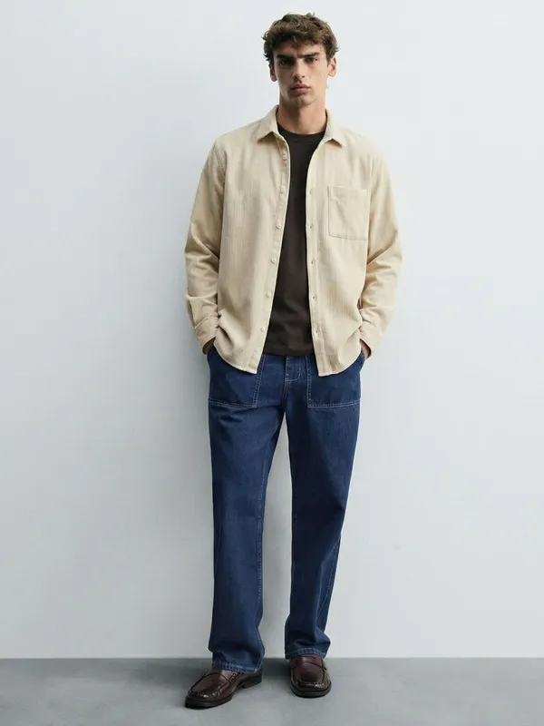 Highlander Men Cream Self Design Oversized Fit Casual Shirt