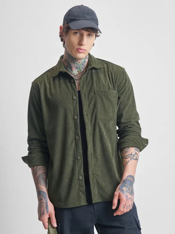 Highlander Men Olive Self Design Oversized Fit Casual Shirt