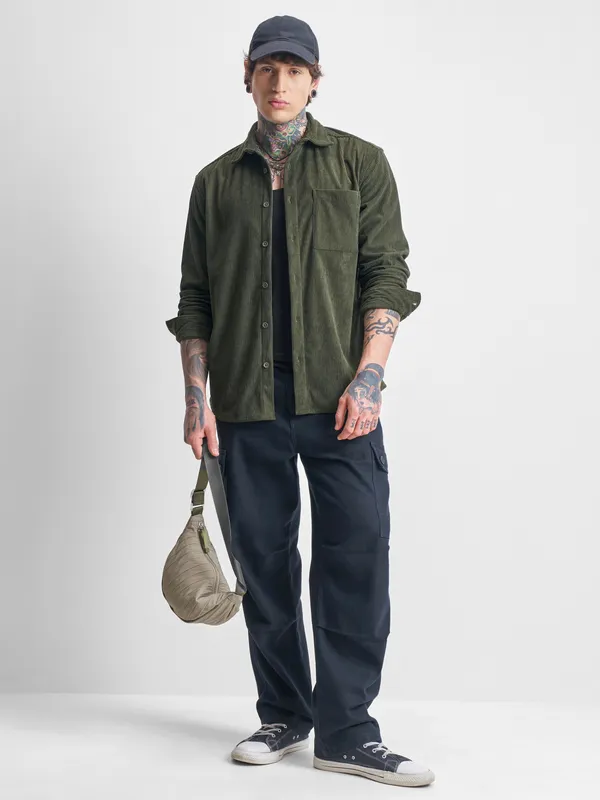 Highlander Men Olive Self Design Oversized Fit Casual Shirt