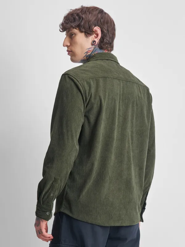 Highlander Men Olive Self Design Oversized Fit Casual Shirt