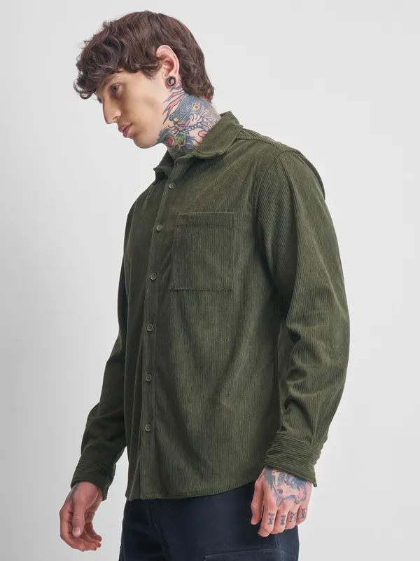 Highlander Men Olive Self Design Oversized Fit Casual Shirt