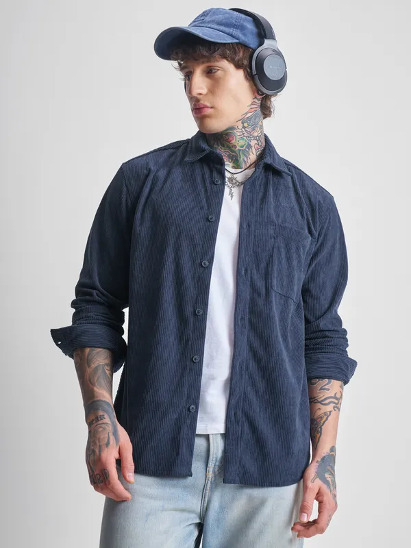 Highlander Men Navy Blue Self Design Oversized Fit Casual Shirt