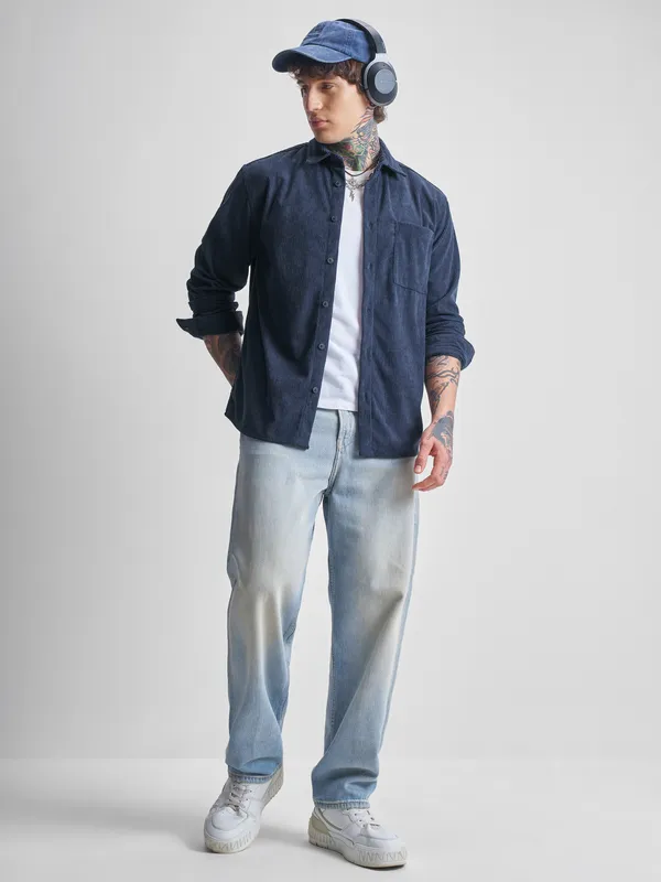 Highlander Men Navy Blue Self Design Oversized Fit Casual Shirt