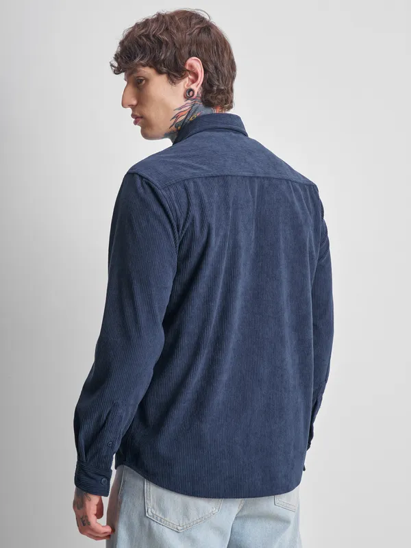 Highlander Men Navy Blue Self Design Oversized Fit Casual Shirt