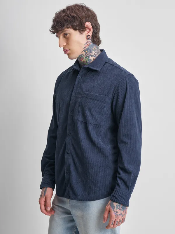 Highlander Men Navy Blue Self Design Oversized Fit Casual Shirt