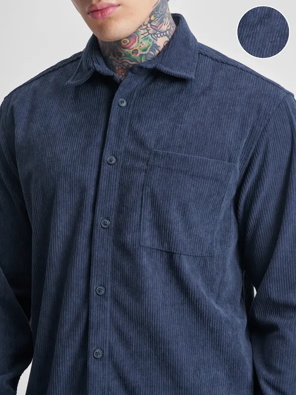 Highlander Men Navy Blue Self Design Oversized Fit Casual Shirt