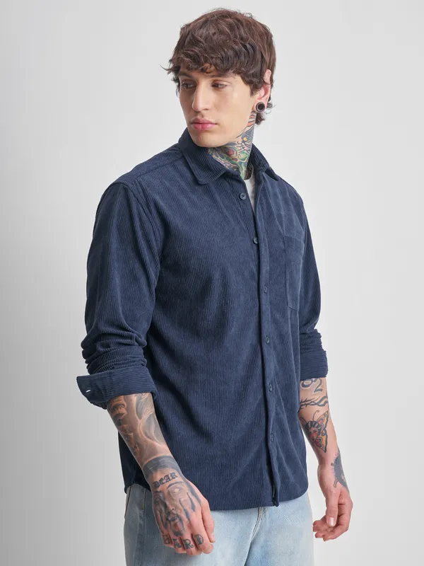 Highlander Men Navy Blue Self Design Oversized Fit Casual Shirt