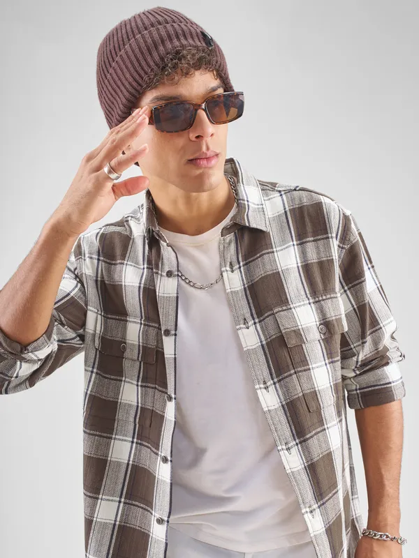 Highlander Men Brown Checked Oversized Fit Casual Shirt