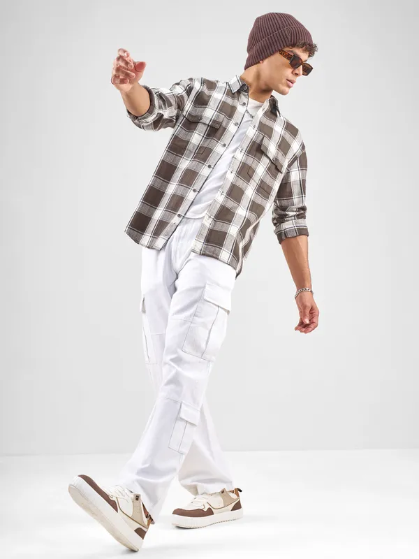 Highlander Men Brown Checked Oversized Fit Casual Shirt