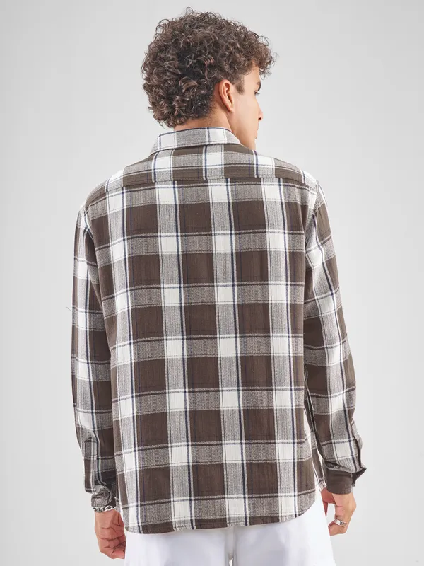 Highlander Men Brown Checked Oversized Fit Casual Shirt