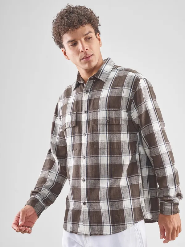 Highlander Men Brown Checked Oversized Fit Casual Shirt