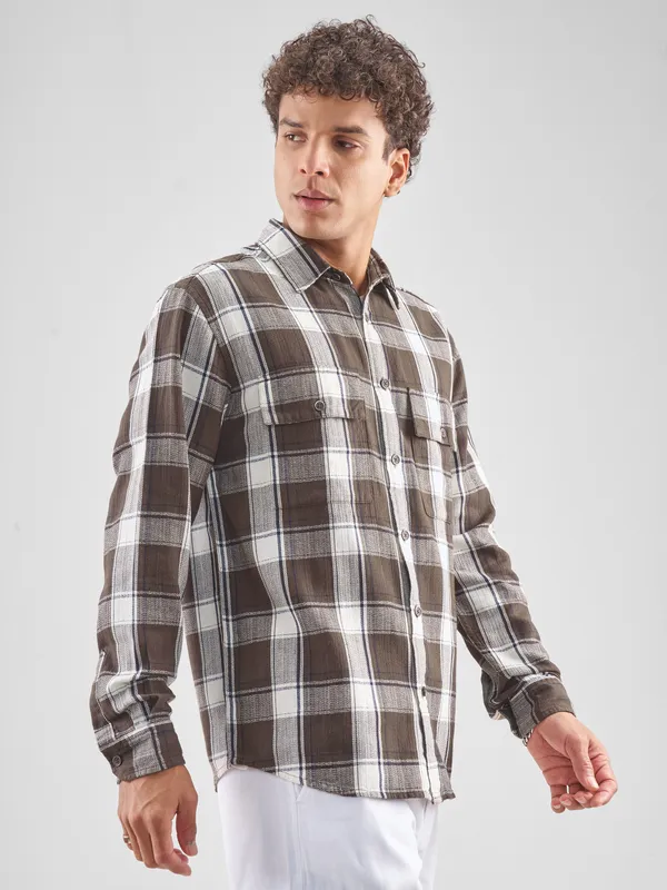 Highlander Men Brown Checked Oversized Fit Casual Shirt