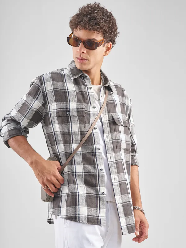 Highlander Men Charcoal Checked Oversized Fit Casual Shirt