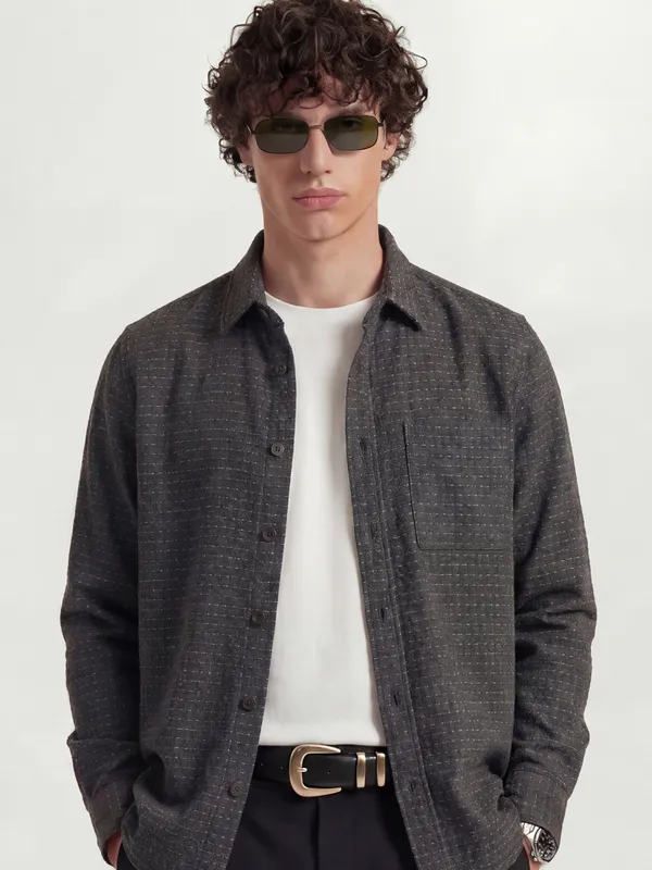 Highlander Men Charcoal Self Design Relaxed Fit Casual Shirt