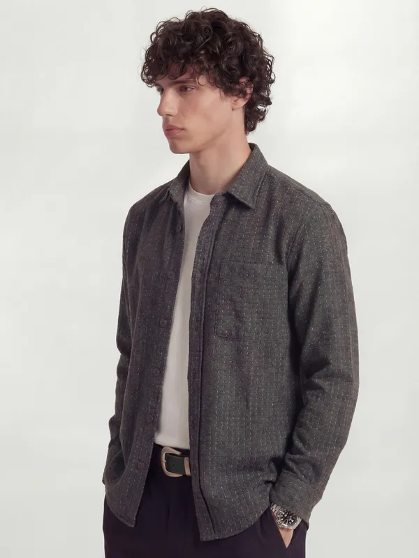 Highlander Men Charcoal Self Design Relaxed Fit Casual Shirt