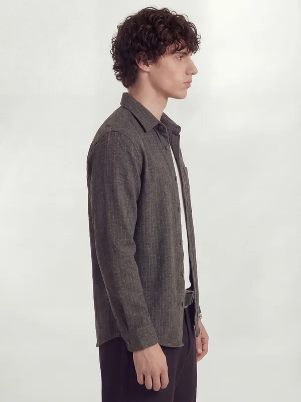 Highlander Men Charcoal Self Design Relaxed Fit Casual Shirt