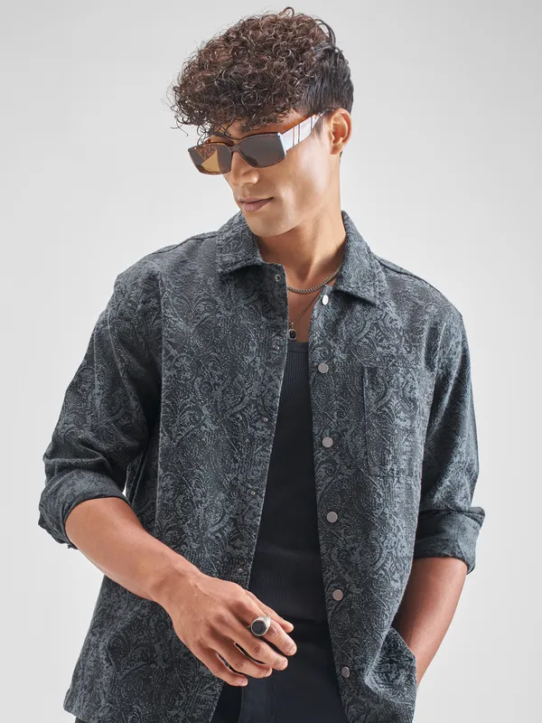 Highlander Men Blue Self Design Oversized Fit Casual Shirt