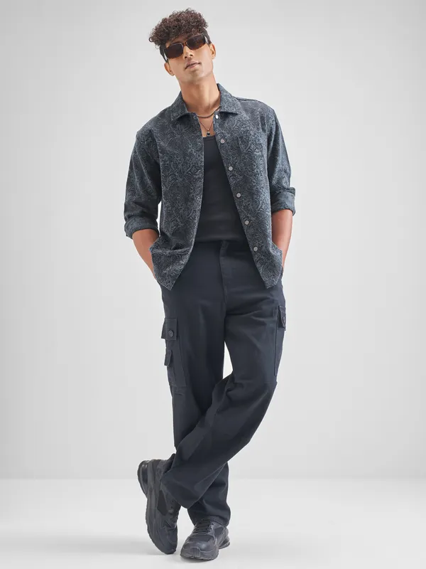 Highlander Men Blue Self Design Oversized Fit Casual Shirt