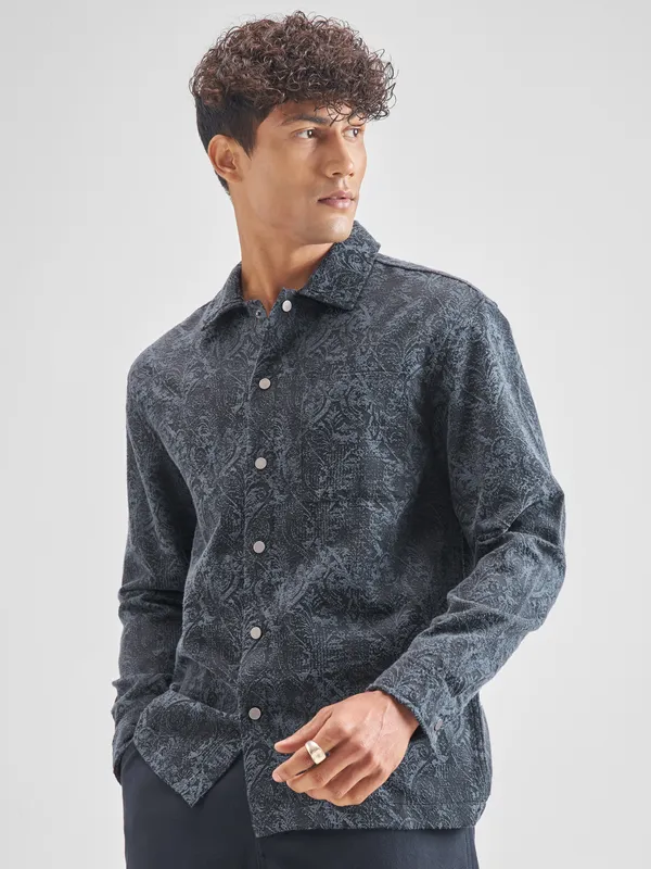 Highlander Men Blue Self Design Oversized Fit Casual Shirt