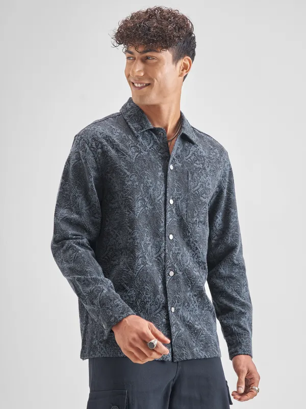 Highlander Men Blue Self Design Oversized Fit Casual Shirt