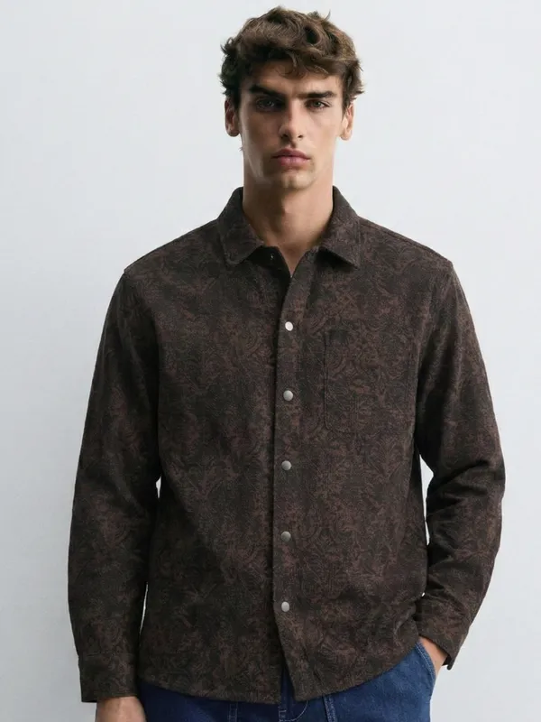 Highlander Men Brown Self Design Relaxed Fit Casual Shirt