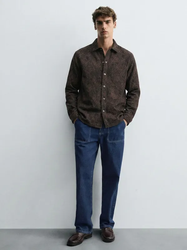 Highlander Men Brown Self Design Relaxed Fit Casual Shirt