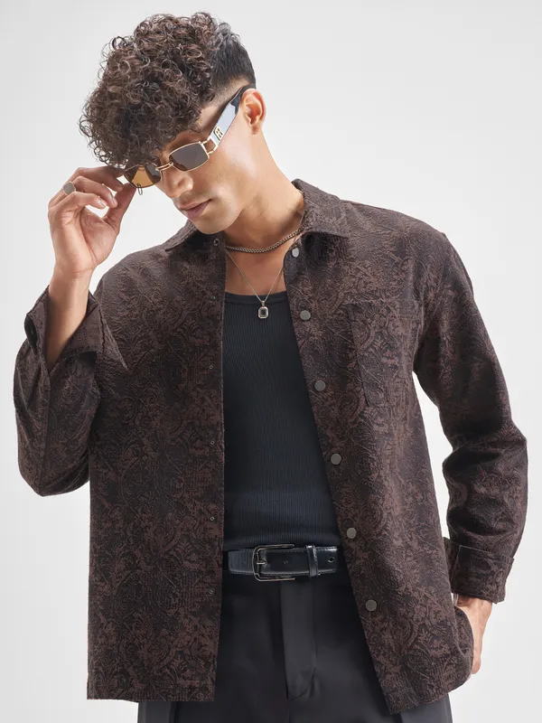 Highlander Men Brown Self Design Relaxed Fit Casual Shirt