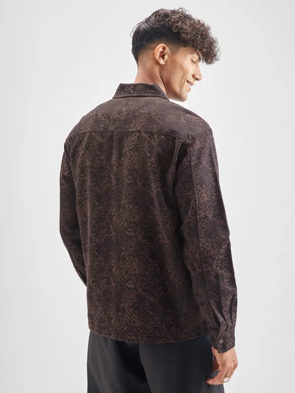 Highlander Men Brown Self Design Relaxed Fit Casual Shirt