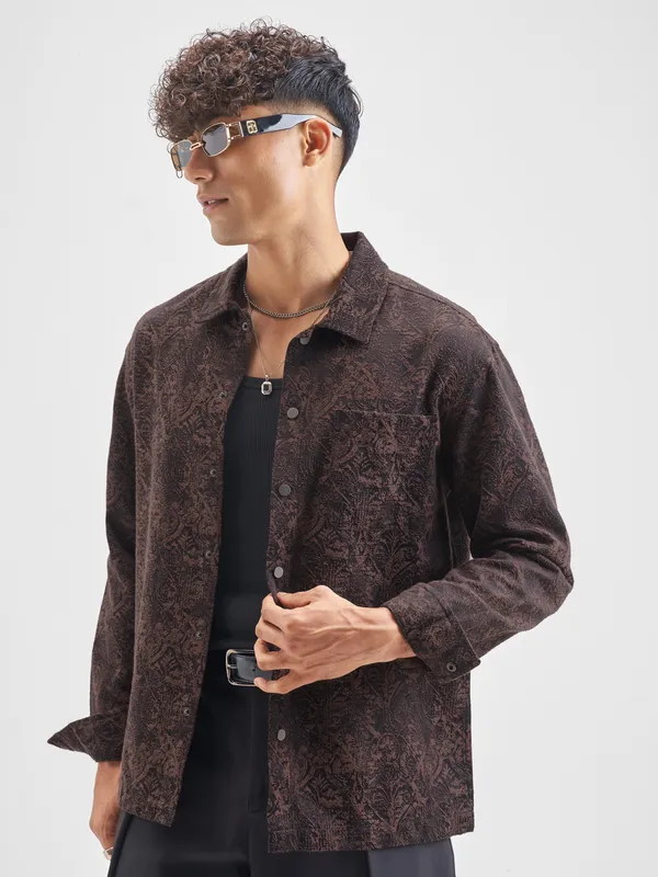 Highlander Men Brown Self Design Relaxed Fit Casual Shirt