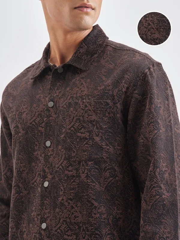 Highlander Men Brown Self Design Relaxed Fit Casual Shirt