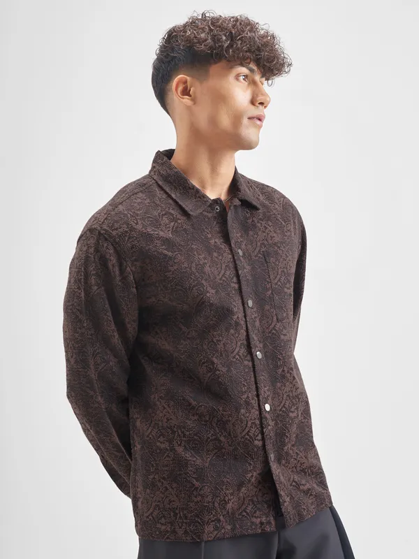 Highlander Men Brown Self Design Relaxed Fit Casual Shirt