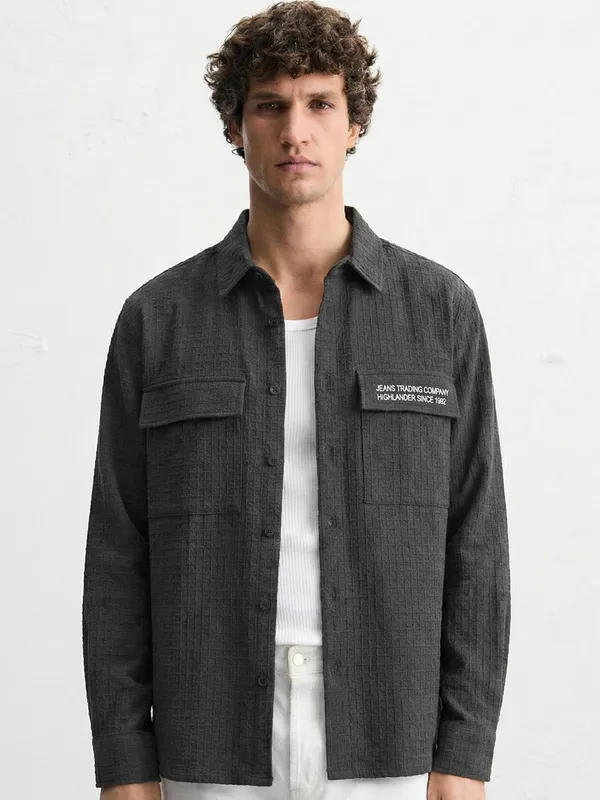 Highlander Men Black Self Design Oversized Fit Casual Shirt