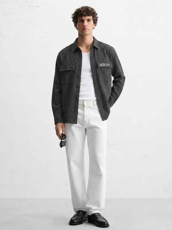 Highlander Men Black Self Design Oversized Fit Casual Shirt