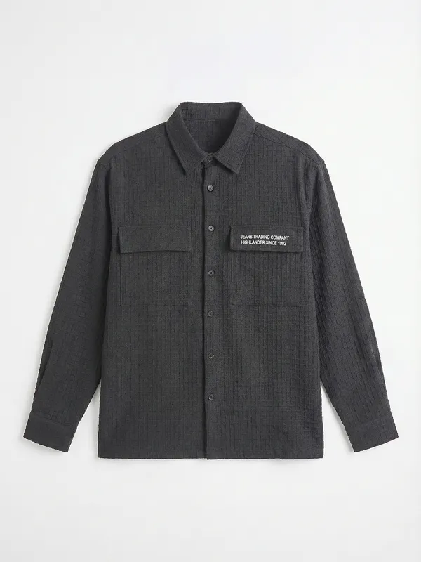 Highlander Men Black Self Design Oversized Fit Casual Shirt