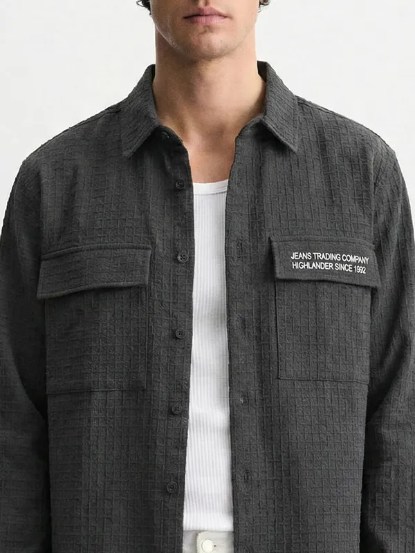 Highlander Men Black Self Design Oversized Fit Casual Shirt