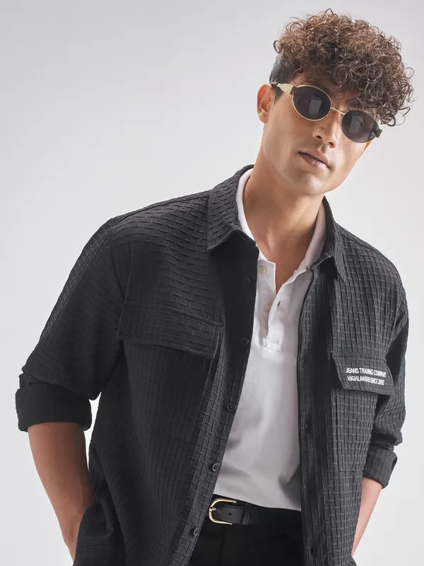 Highlander Men Black Self Design Oversized Fit Casual Shirt