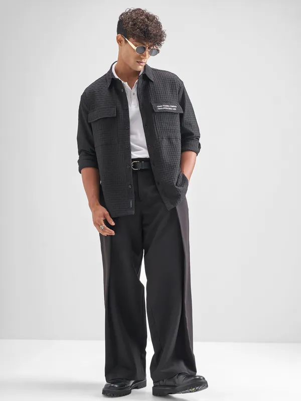 Highlander Men Black Self Design Oversized Fit Casual Shirt