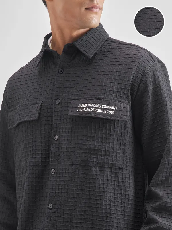 Highlander Men Black Self Design Oversized Fit Casual Shirt