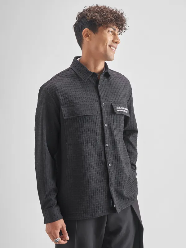 Highlander Men Black Self Design Oversized Fit Casual Shirt