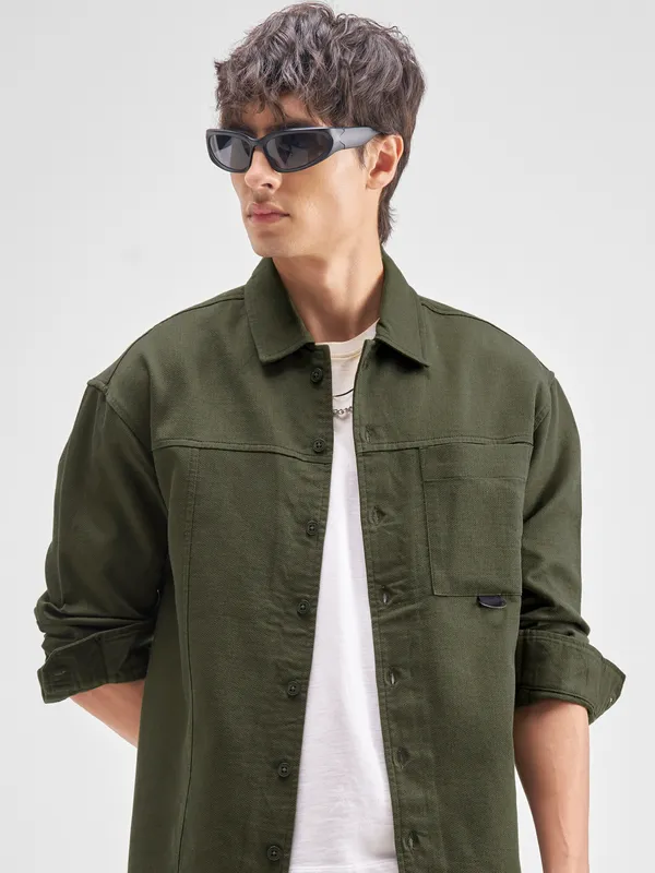 Highlander Men Olive Self Design Oversized Fit Casual Shirt