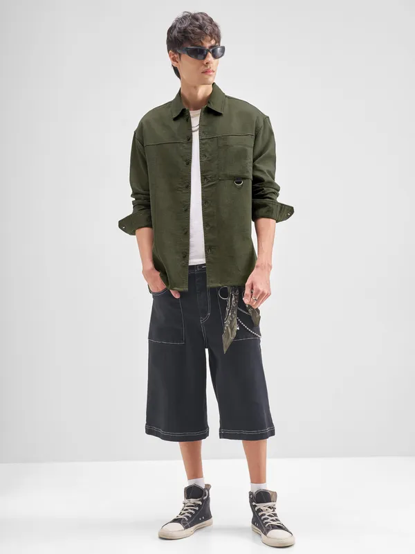 Highlander Men Olive Self Design Oversized Fit Casual Shirt